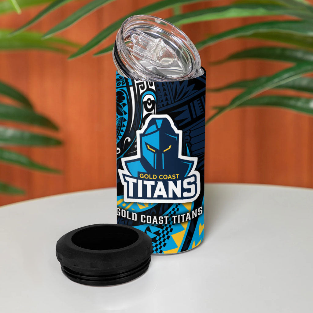 Personalised Gold Coast Titans 4 in 1 Can Cooler Tumbler Polynesian Tribal Art Style With Spartan Titan Mascot