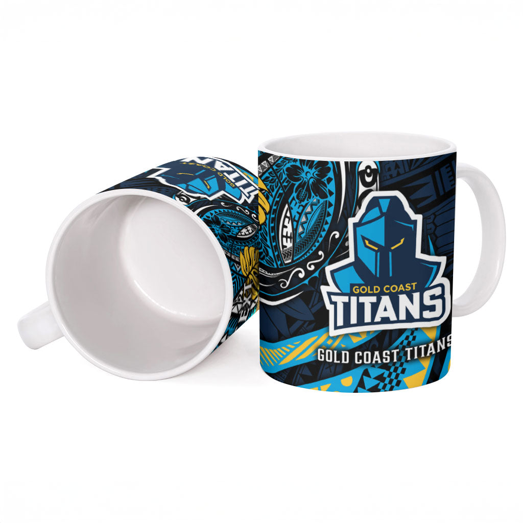Personalised Gold Coast Titans Ceramic Mug Polynesian Tribal Art Style With Spartan Titan Mascot
