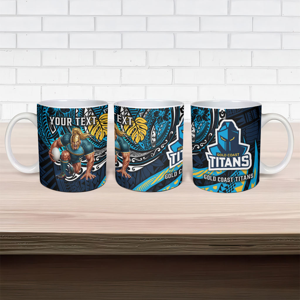 Personalised Gold Coast Titans Ceramic Mug Polynesian Tribal Art Style With Spartan Titan Mascot