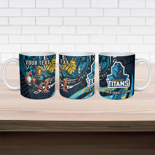 Personalised Gold Coast Titans Ceramic Mug Polynesian Tribal Art Style With Spartan Titan Mascot
