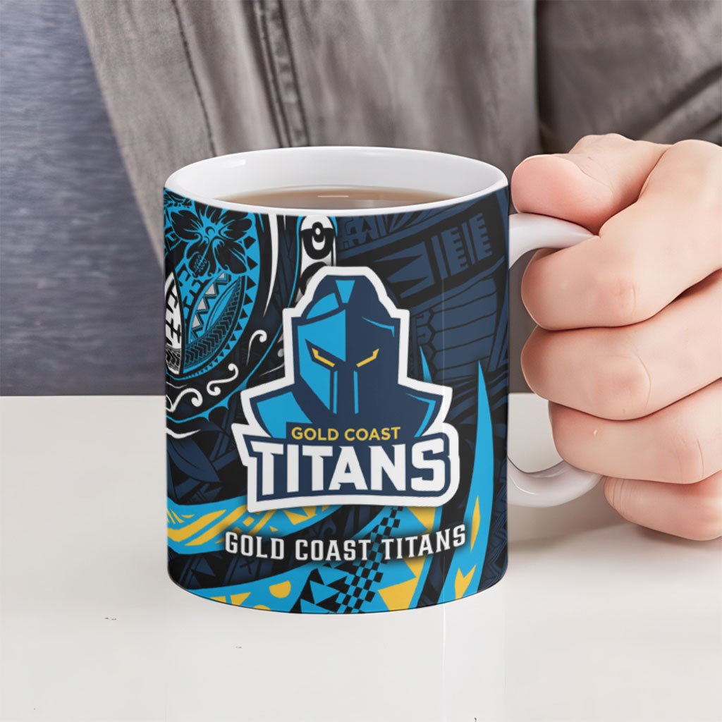 Personalised Gold Coast Titans Ceramic Mug Polynesian Tribal Art Style With Spartan Titan Mascot