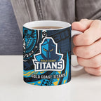 Personalised Gold Coast Titans Ceramic Mug Polynesian Tribal Art Style With Spartan Titan Mascot