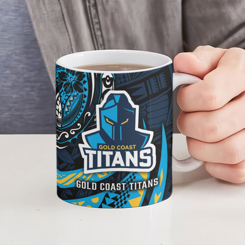 Personalised Gold Coast Titans Ceramic Mug Polynesian Tribal Art Style With Spartan Titan Mascot