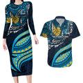 Personalised Gold Coast Titans Couples Matching Long Sleeve Bodycon Dress and Hawaiian Shirt Polynesian Tribal Art Style With Spartan Titan Mascot