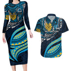 Personalised Gold Coast Titans Couples Matching Long Sleeve Bodycon Dress and Hawaiian Shirt Polynesian Tribal Art Style With Spartan Titan Mascot
