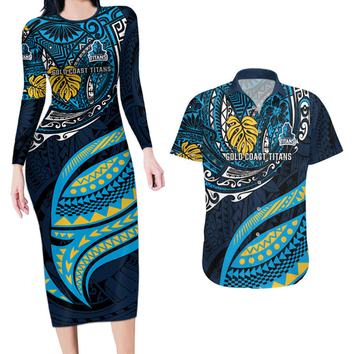 Personalised Gold Coast Titans Couples Matching Long Sleeve Bodycon Dress and Hawaiian Shirt Polynesian Tribal Art Style With Spartan Titan Mascot