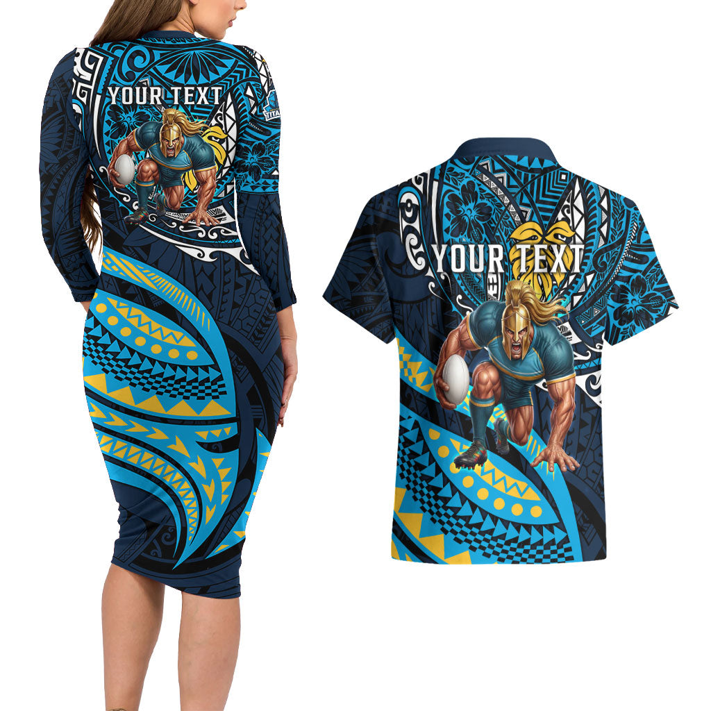 Personalised Gold Coast Titans Couples Matching Long Sleeve Bodycon Dress and Hawaiian Shirt Polynesian Tribal Art Style With Spartan Titan Mascot