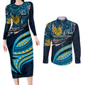 Personalised Gold Coast Titans Couples Matching Long Sleeve Bodycon Dress and Long Sleeve Button Shirt Polynesian Tribal Art Style With Spartan Titan Mascot