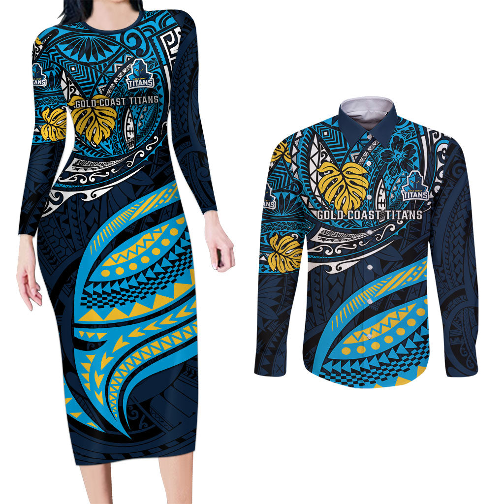 Personalised Gold Coast Titans Couples Matching Long Sleeve Bodycon Dress and Long Sleeve Button Shirt Polynesian Tribal Art Style With Spartan Titan Mascot