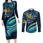 Personalised Gold Coast Titans Couples Matching Long Sleeve Bodycon Dress and Long Sleeve Button Shirt Polynesian Tribal Art Style With Spartan Titan Mascot