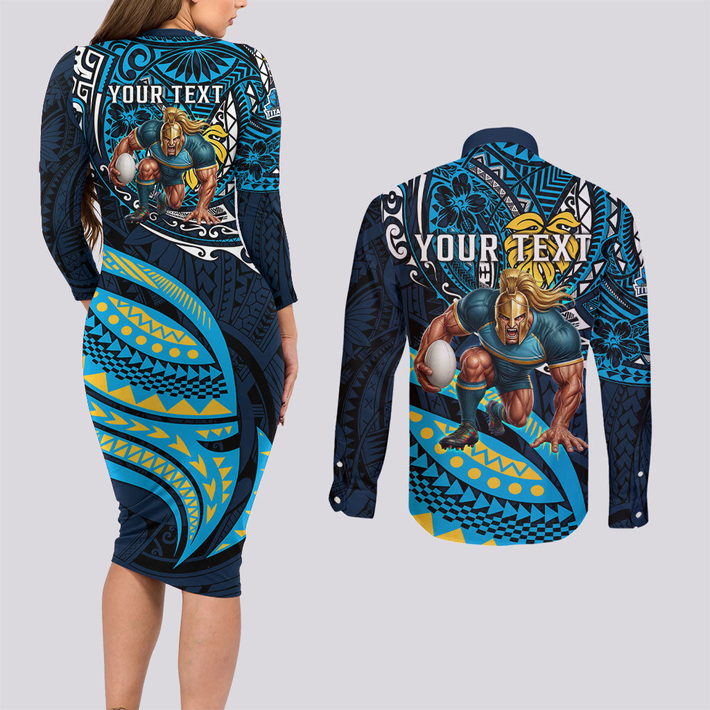 Personalised Gold Coast Titans Couples Matching Long Sleeve Bodycon Dress and Long Sleeve Button Shirt Polynesian Tribal Art Style With Spartan Titan Mascot