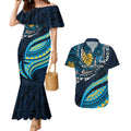 Personalised Gold Coast Titans Couples Matching Mermaid Dress and Hawaiian Shirt Polynesian Tribal Art Style With Spartan Titan Mascot