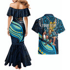 Personalised Gold Coast Titans Couples Matching Mermaid Dress and Hawaiian Shirt Polynesian Tribal Art Style With Spartan Titan Mascot