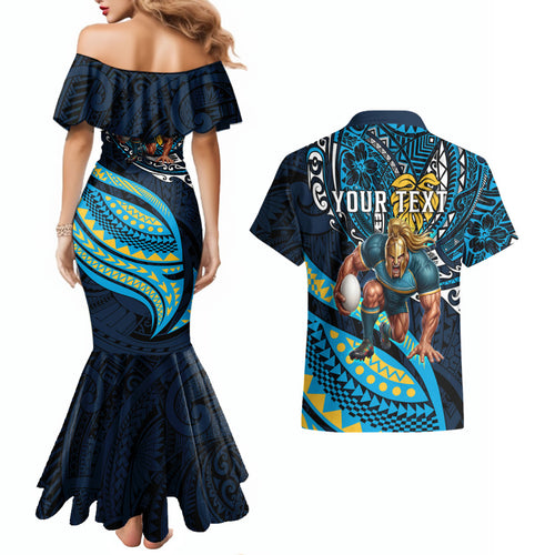 Personalised Gold Coast Titans Couples Matching Mermaid Dress and Hawaiian Shirt Polynesian Tribal Art Style With Spartan Titan Mascot