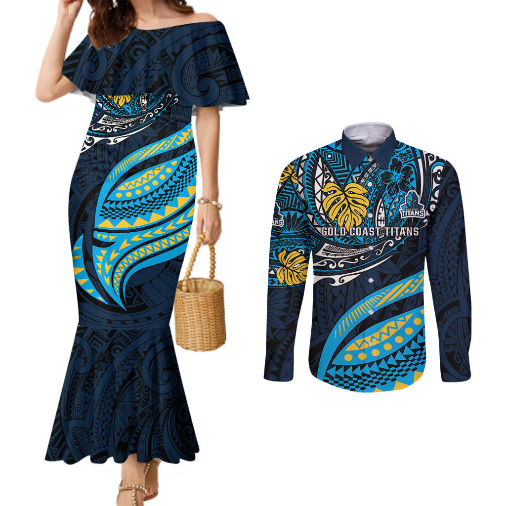 Personalised Gold Coast Titans Couples Matching Mermaid Dress and Long Sleeve Button Shirt Polynesian Tribal Art Style With Spartan Titan Mascot