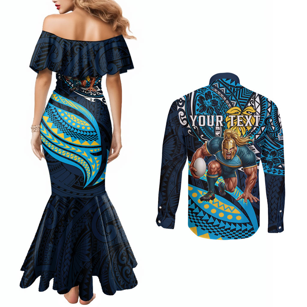 Personalised Gold Coast Titans Couples Matching Mermaid Dress and Long Sleeve Button Shirt Polynesian Tribal Art Style With Spartan Titan Mascot