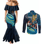 Personalised Gold Coast Titans Couples Matching Mermaid Dress and Long Sleeve Button Shirt Polynesian Tribal Art Style With Spartan Titan Mascot