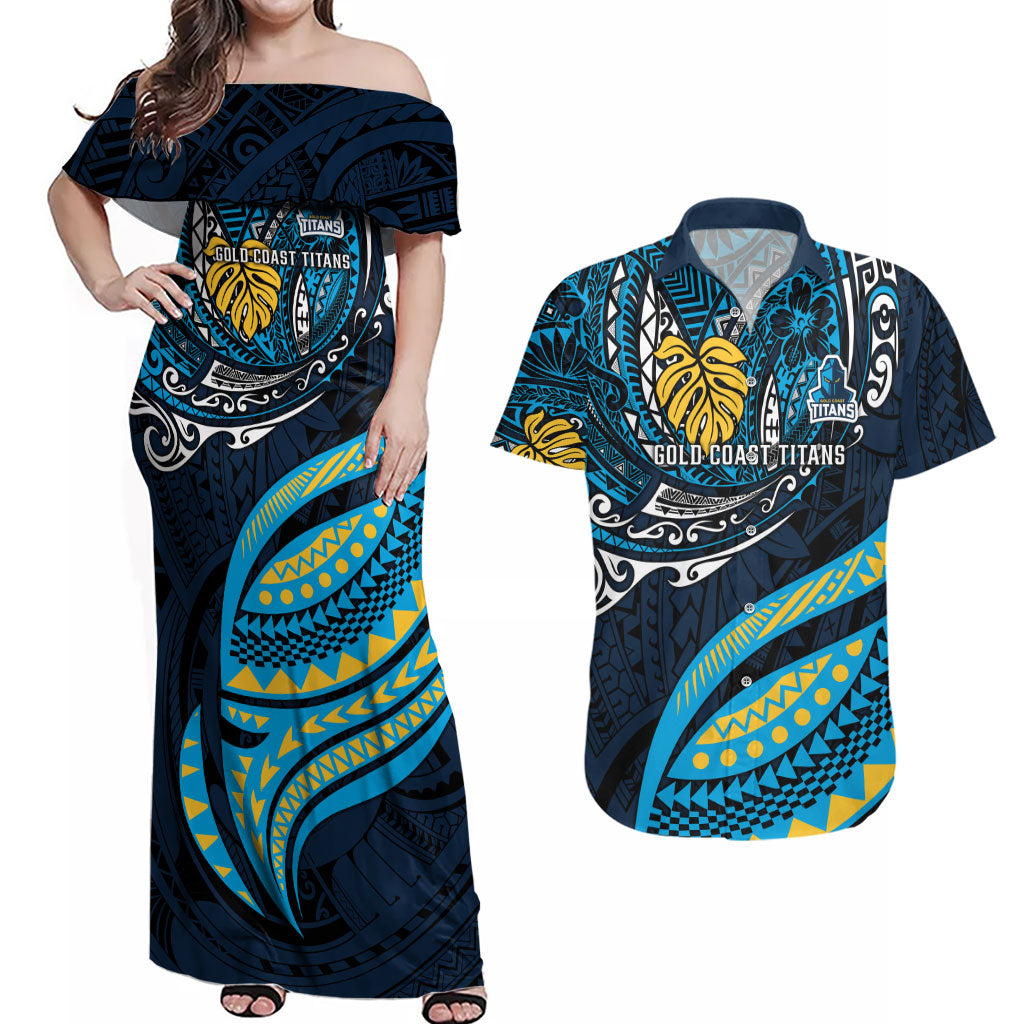 Personalised Gold Coast Titans Couples Matching Off Shoulder Maxi Dress and Hawaiian Shirt Polynesian Tribal Art Style With Spartan Titan Mascot