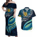 Personalised Gold Coast Titans Couples Matching Off Shoulder Maxi Dress and Hawaiian Shirt Polynesian Tribal Art Style With Spartan Titan Mascot
