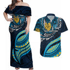 Personalised Gold Coast Titans Couples Matching Off Shoulder Maxi Dress and Hawaiian Shirt Polynesian Tribal Art Style With Spartan Titan Mascot