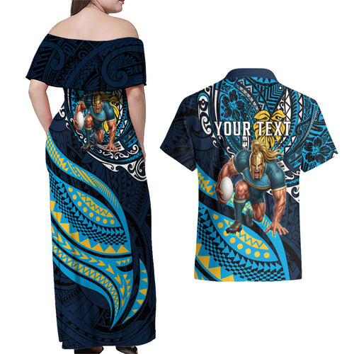 Personalised Gold Coast Titans Couples Matching Off Shoulder Maxi Dress and Hawaiian Shirt Polynesian Tribal Art Style With Spartan Titan Mascot