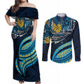 Personalised Gold Coast Titans Couples Matching Off Shoulder Maxi Dress and Long Sleeve Button Shirt Polynesian Tribal Art Style With Spartan Titan Mascot