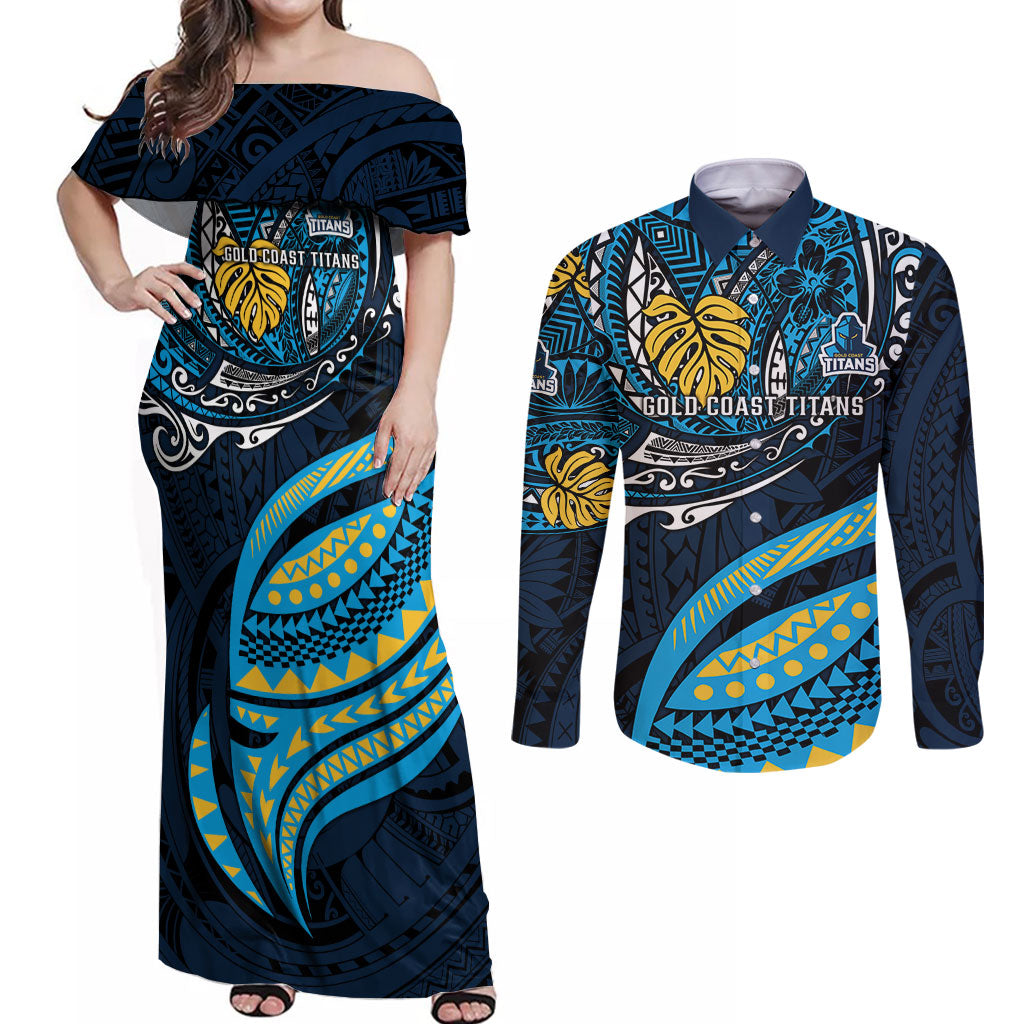 Personalised Gold Coast Titans Couples Matching Off Shoulder Maxi Dress and Long Sleeve Button Shirt Polynesian Tribal Art Style With Spartan Titan Mascot