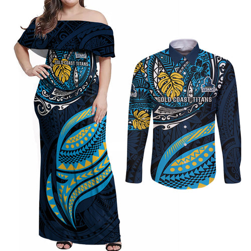 Personalised Gold Coast Titans Couples Matching Off Shoulder Maxi Dress and Long Sleeve Button Shirt Polynesian Tribal Art Style With Spartan Titan Mascot