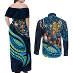 Personalised Gold Coast Titans Couples Matching Off Shoulder Maxi Dress and Long Sleeve Button Shirt Polynesian Tribal Art Style With Spartan Titan Mascot