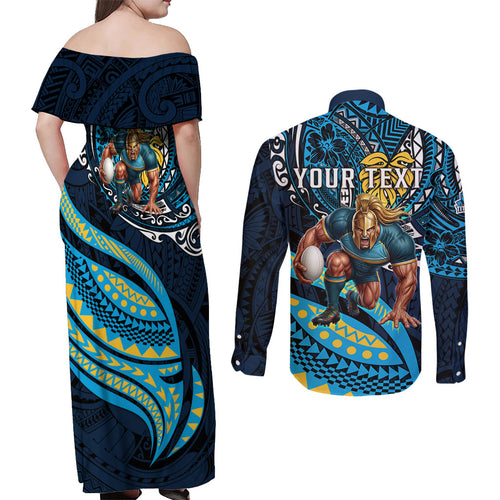 Personalised Gold Coast Titans Couples Matching Off Shoulder Maxi Dress and Long Sleeve Button Shirt Polynesian Tribal Art Style With Spartan Titan Mascot