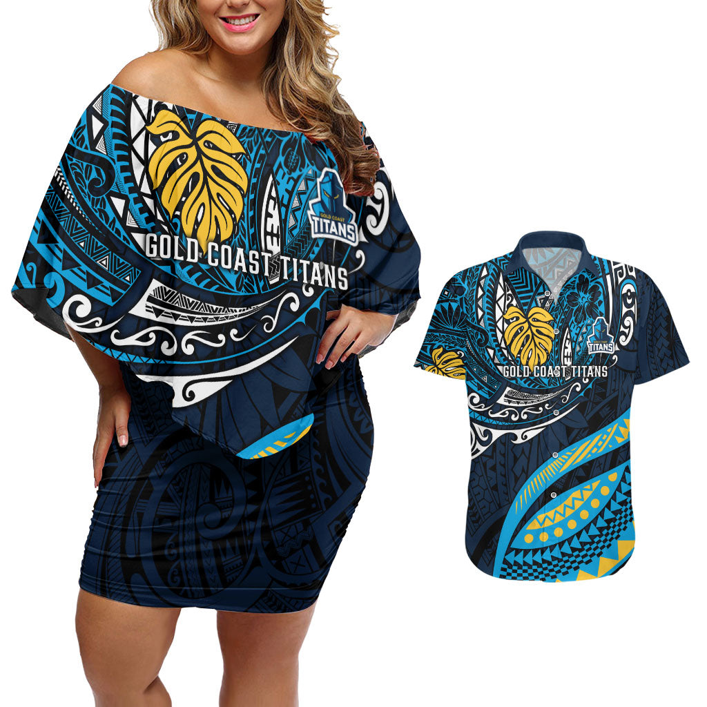 Personalised Gold Coast Titans Couples Matching Off Shoulder Short Dress and Hawaiian Shirt Polynesian Tribal Art Style With Spartan Titan Mascot
