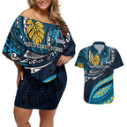 Personalised Gold Coast Titans Couples Matching Off Shoulder Short Dress and Hawaiian Shirt Polynesian Tribal Art Style With Spartan Titan Mascot