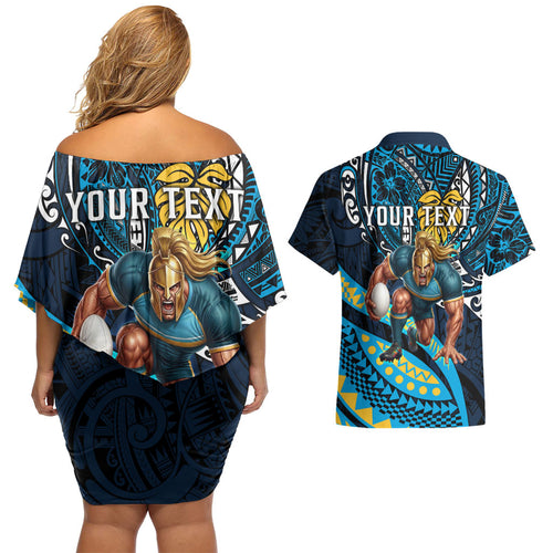 Personalised Gold Coast Titans Couples Matching Off Shoulder Short Dress and Hawaiian Shirt Polynesian Tribal Art Style With Spartan Titan Mascot
