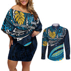 Personalised Gold Coast Titans Couples Matching Off Shoulder Short Dress and Long Sleeve Button Shirt Polynesian Tribal Art Style With Spartan Titan Mascot