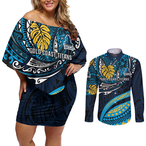 Personalised Gold Coast Titans Couples Matching Off Shoulder Short Dress and Long Sleeve Button Shirt Polynesian Tribal Art Style With Spartan Titan Mascot