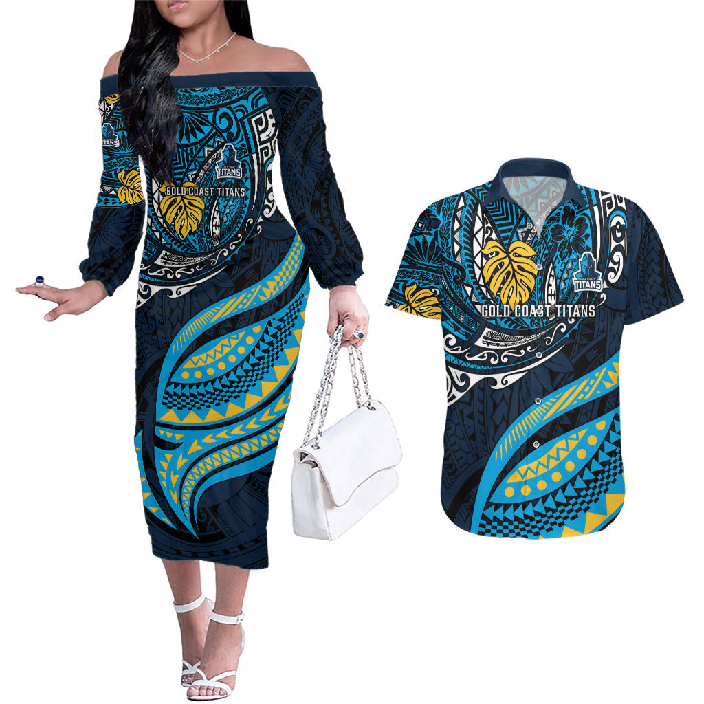 Personalised Gold Coast Titans Couples Matching Off The Shoulder Long Sleeve Dress and Hawaiian Shirt Polynesian Tribal Art Style With Spartan Titan Mascot