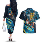 Personalised Gold Coast Titans Couples Matching Off The Shoulder Long Sleeve Dress and Hawaiian Shirt Polynesian Tribal Art Style With Spartan Titan Mascot
