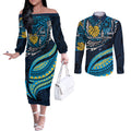 Personalised Gold Coast Titans Couples Matching Off The Shoulder Long Sleeve Dress and Long Sleeve Button Shirt Polynesian Tribal Art Style With Spartan Titan Mascot