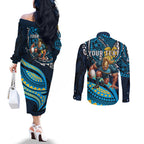 Personalised Gold Coast Titans Couples Matching Off The Shoulder Long Sleeve Dress and Long Sleeve Button Shirt Polynesian Tribal Art Style With Spartan Titan Mascot