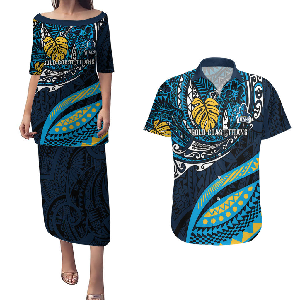 Personalised Gold Coast Titans Couples Matching Puletasi and Hawaiian Shirt Polynesian Tribal Art Style With Spartan Titan Mascot