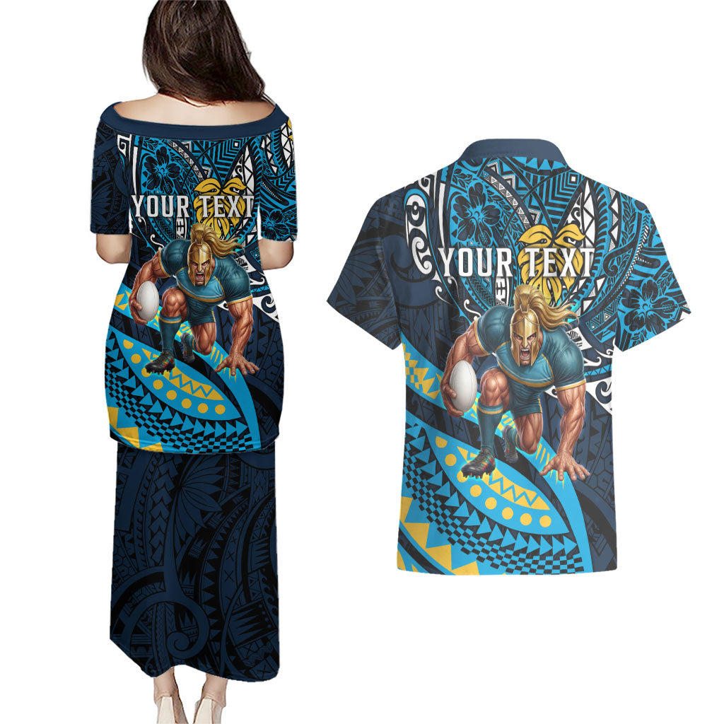 Personalised Gold Coast Titans Couples Matching Puletasi and Hawaiian Shirt Polynesian Tribal Art Style With Spartan Titan Mascot