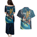 Personalised Gold Coast Titans Couples Matching Puletasi and Hawaiian Shirt Polynesian Tribal Art Style With Spartan Titan Mascot