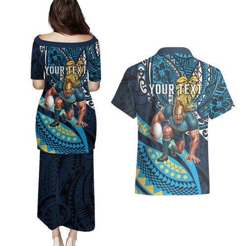 Personalised Gold Coast Titans Couples Matching Puletasi and Hawaiian Shirt Polynesian Tribal Art Style With Spartan Titan Mascot