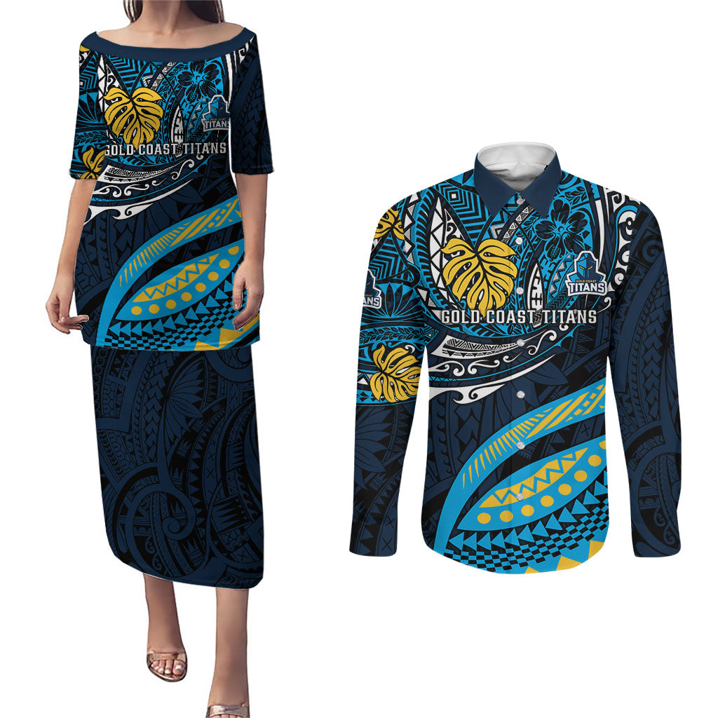 Personalised Gold Coast Titans Couples Matching Puletasi and Long Sleeve Button Shirt Polynesian Tribal Art Style With Spartan Titan Mascot