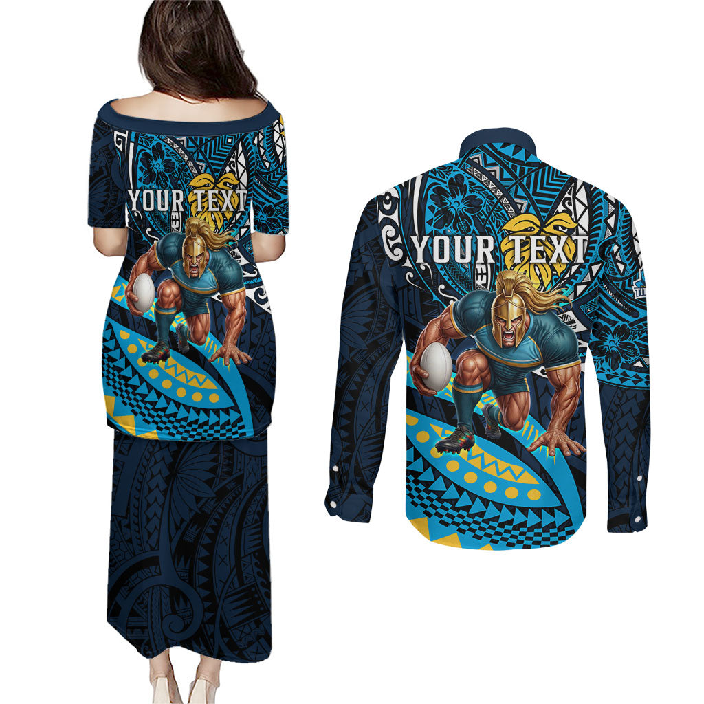 Personalised Gold Coast Titans Couples Matching Puletasi and Long Sleeve Button Shirt Polynesian Tribal Art Style With Spartan Titan Mascot