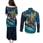 Personalised Gold Coast Titans Couples Matching Puletasi and Long Sleeve Button Shirt Polynesian Tribal Art Style With Spartan Titan Mascot