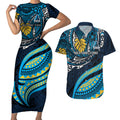 Personalised Gold Coast Titans Couples Matching Short Sleeve Bodycon Dress and Hawaiian Shirt Polynesian Tribal Art Style With Spartan Titan Mascot