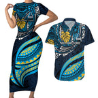 Personalised Gold Coast Titans Couples Matching Short Sleeve Bodycon Dress and Hawaiian Shirt Polynesian Tribal Art Style With Spartan Titan Mascot