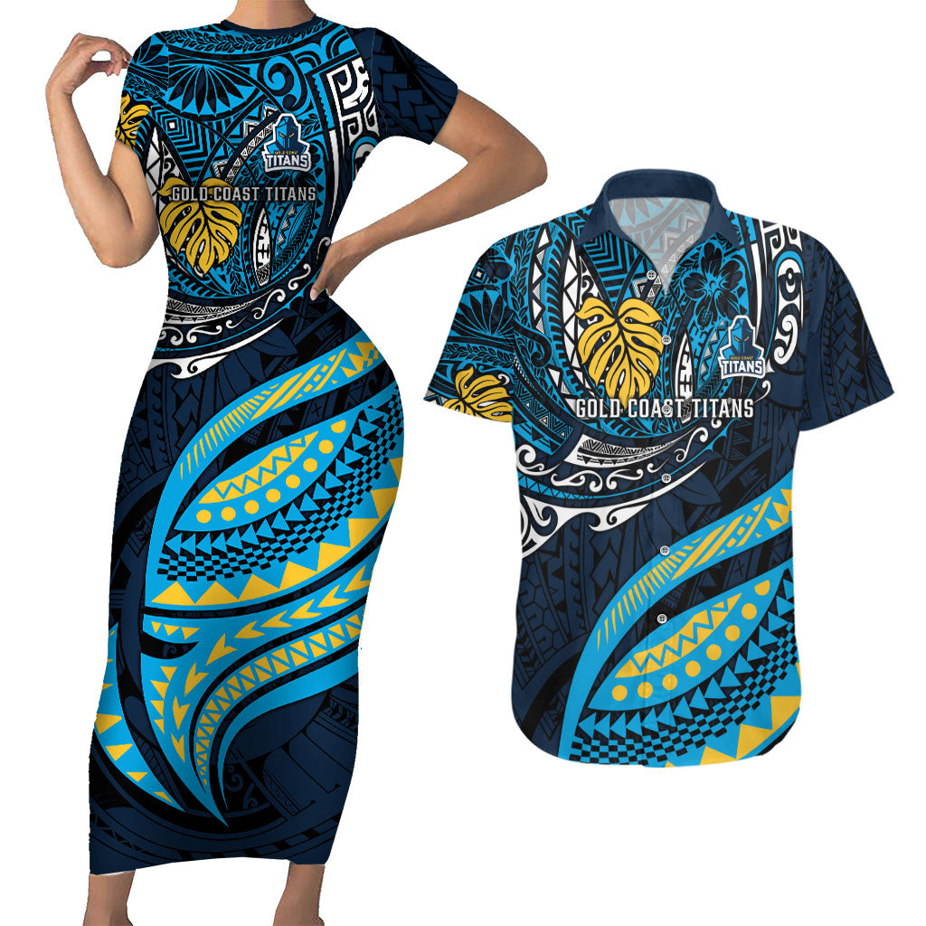 Personalised Gold Coast Titans Couples Matching Short Sleeve Bodycon Dress and Hawaiian Shirt Polynesian Tribal Art Style With Spartan Titan Mascot