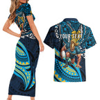 Personalised Gold Coast Titans Couples Matching Short Sleeve Bodycon Dress and Hawaiian Shirt Polynesian Tribal Art Style With Spartan Titan Mascot